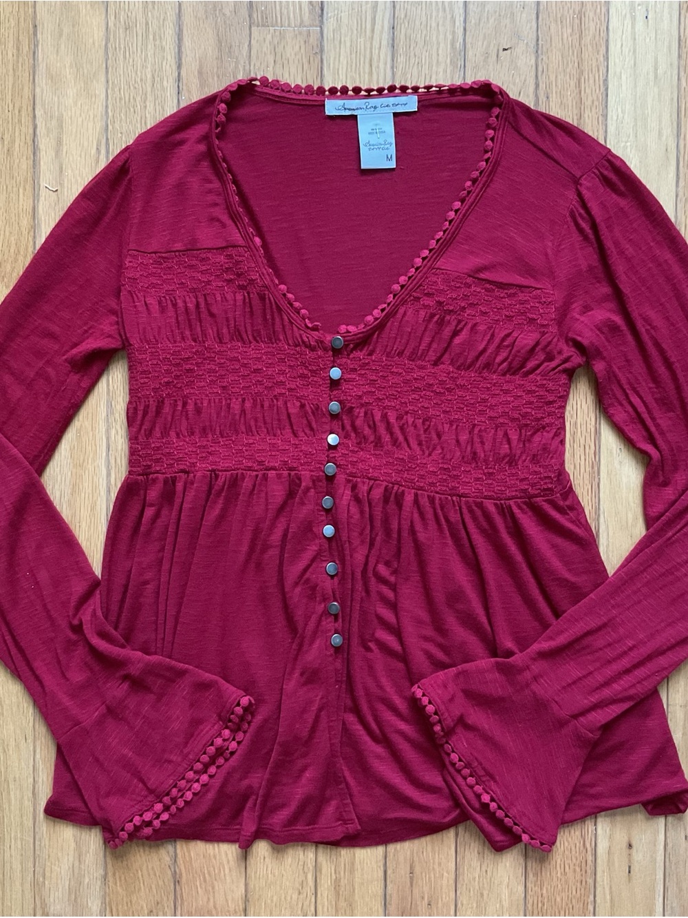 Romantic Red V-neck Flare Sleeve Peasant Blouse